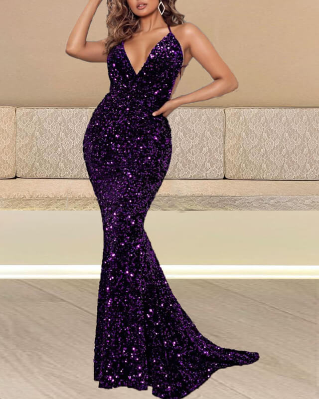 Dress V Prom Lisposa Sequin Purple Lace-up Neck Mermaid – Back