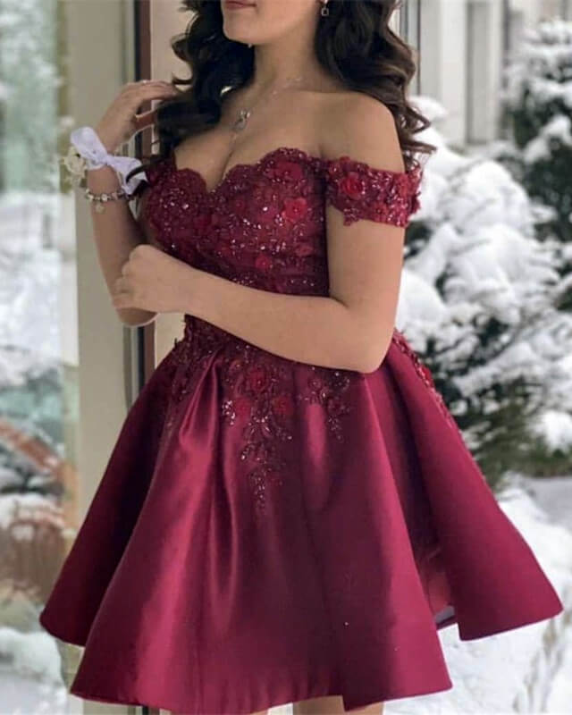 Burgundy Mini Prom Dress With 3D Lace Flowers – Lisposa