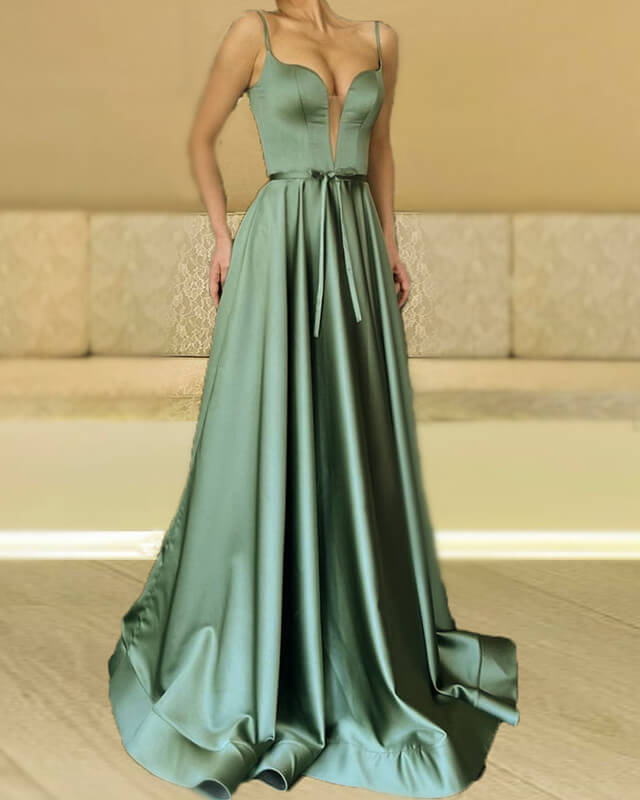 Sage Green Plunging Neck Satin Dress