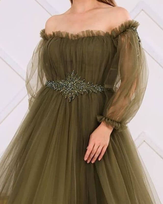 Olive Green Tulle Long Sleeve Off-Shoulder Dress