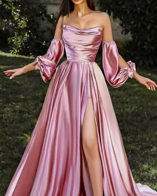 Long Strapless Removable Satin Dress With Slit