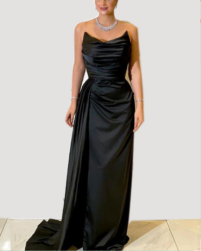 Long Black Ruched Satin Split Dress