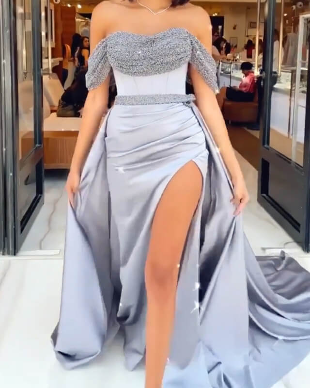 silver dama dresses off the shoulder Gorgeous Mermaid Off Shoulder Sexy Side Slit Sparkle Prom Dresses, FC6515