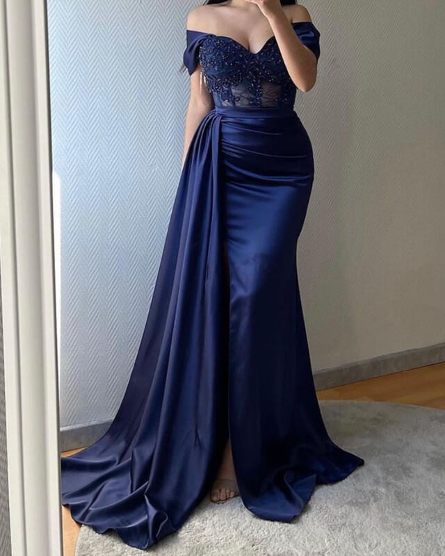 Mermaid Appliques Sheer Corset Satin Slit Dress