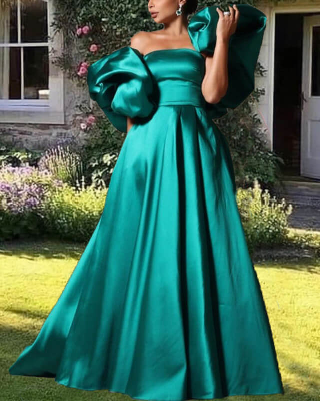 Puffy Sleeves Satin Ball Gown Dress Lisposa Puffy Sleeves Satin Ball Gown Dress Lisposa