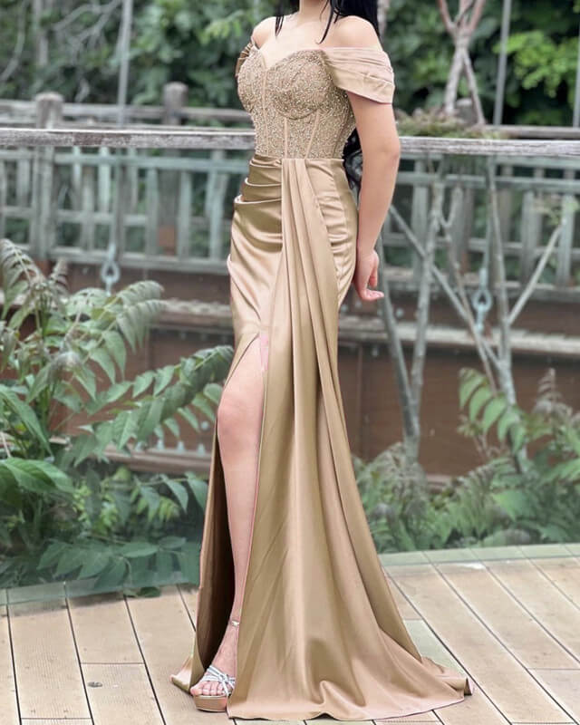 Mermaid Gold Lace Corset Slit Satin Dress Lisposa Mermaid Gold Lace Corset Slit Satin Dress Lisposa