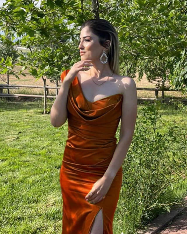 Mermaid Drapped Neck Satin One Strap Dress