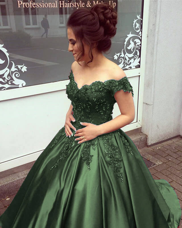 Olive Green Satin Ball Gown With 3D Lace Flowers
