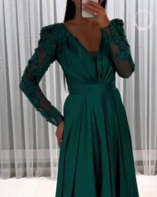 A-line Satin V-neck Long Sleeve Dress