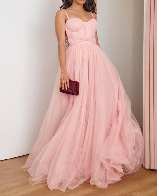 Floral Lace Strapless Baby Pink Tulle Prom Dress - Xdressy