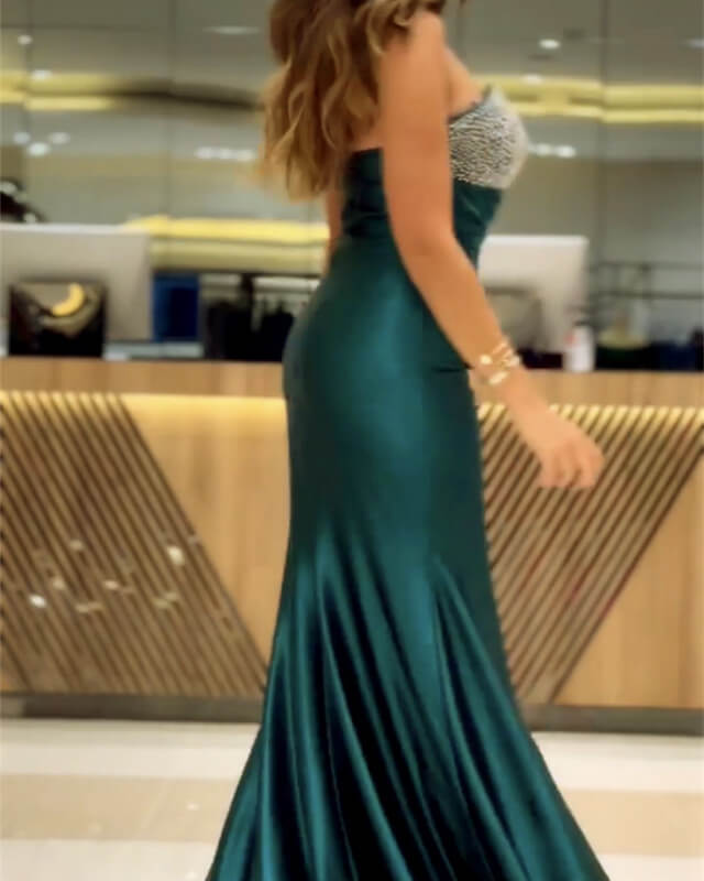Mermaid Hunter Green Satin Beaded Dress