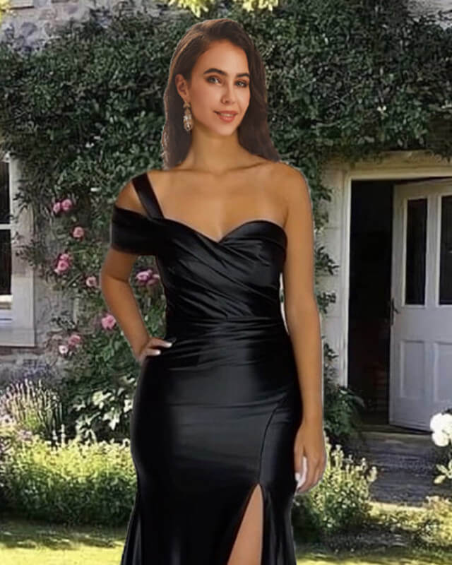 Mermaid Black One Shoulder Split Satin Dress