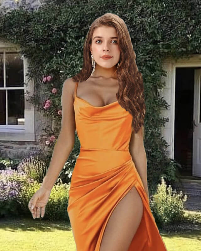 Mermaid Orange Satin Cowl Neck Dress