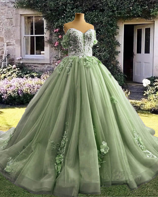 Sage Tulle 3D Lace Flowers Ball Gown Dress – Lisposa