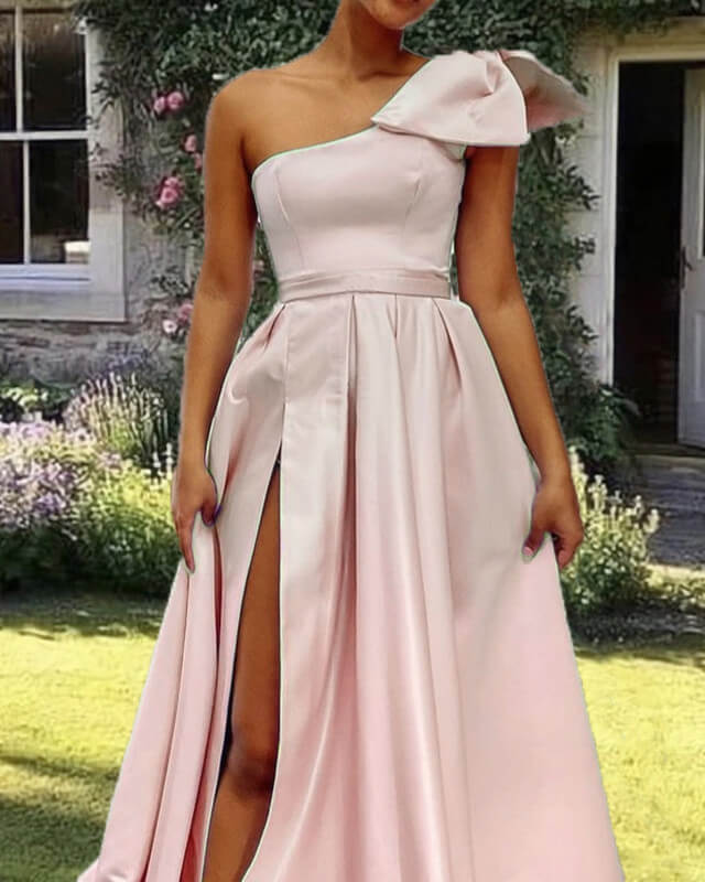 Pale Pink Satin One Shoulder Dress