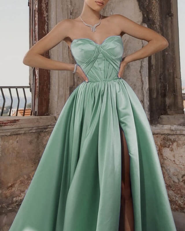 Long Sweetheart Split Satin Dress