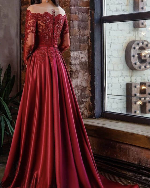 Sheer Neckline Lace Long Sleeve Satin Split Dress