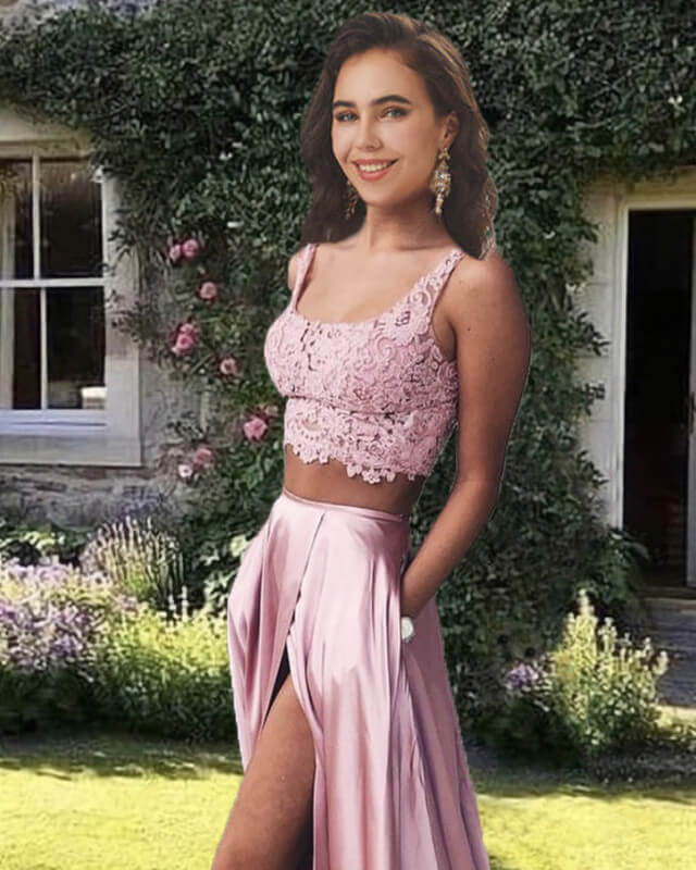 Two Piece Pink Satin Prom Dress With Pockets