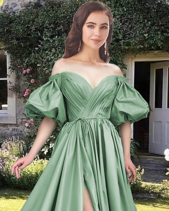 Sage Satin A-line Puffy Sleeve Dress