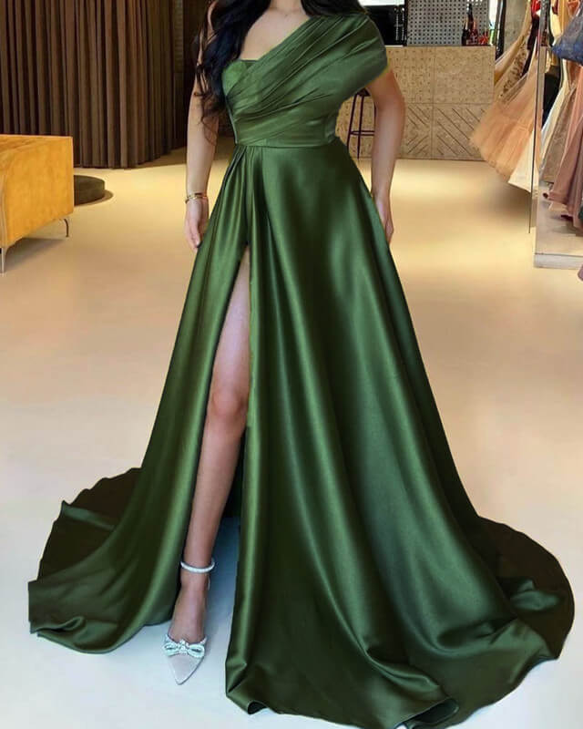 Olive Green Satin One Shoulder Slit Dress – Lisposa
