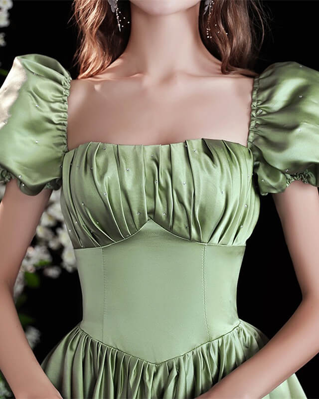 Light Green Satin Formal Dress With Sleeves
