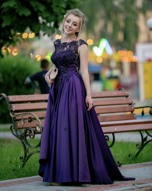 Modest Satin Prom Long Dresses Lace Beaded Cap Sleeves