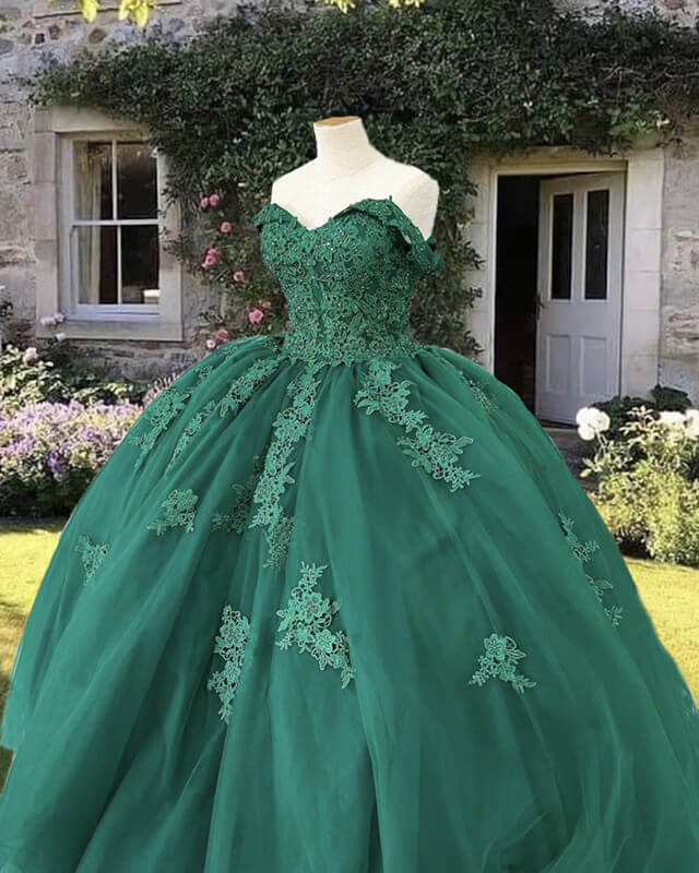 Emerald Off Shoulder Tulle Ball Gown Appliques Dress Lisposa Emerald Off Shoulder Tulle Ball Gown Appliques Dress Lisposa