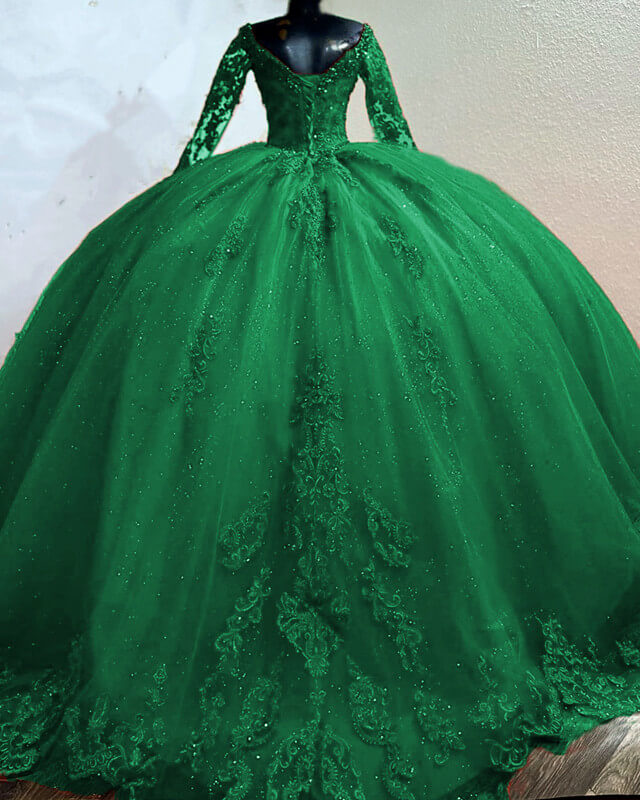 Ball Gown V-neck Appliques Sleeved Quince Dress