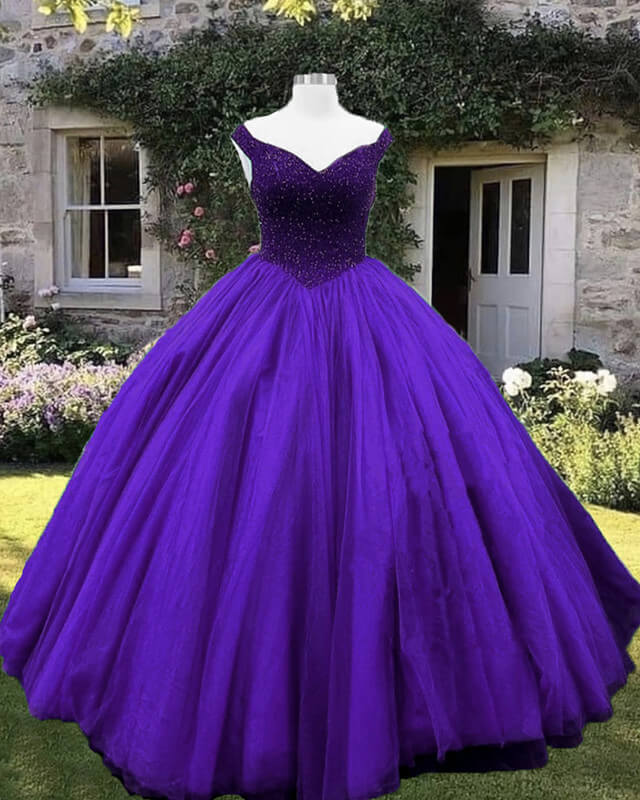 Beading V Neck Off Shoulder Ball Gown Dress