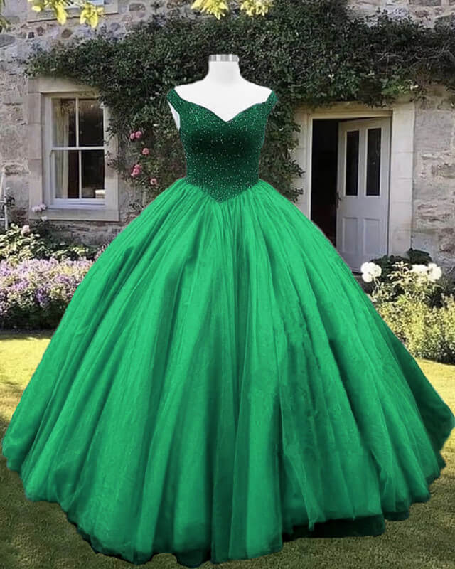 Beading V Neck Off Shoulder Ball Gown Dress