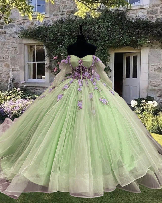 Sage Long Sleeve Ball Gown Dress With Purple Flowers Lisposa Sage Long Sleeve Ball Gown Dress With Purple Flowers Lisposa