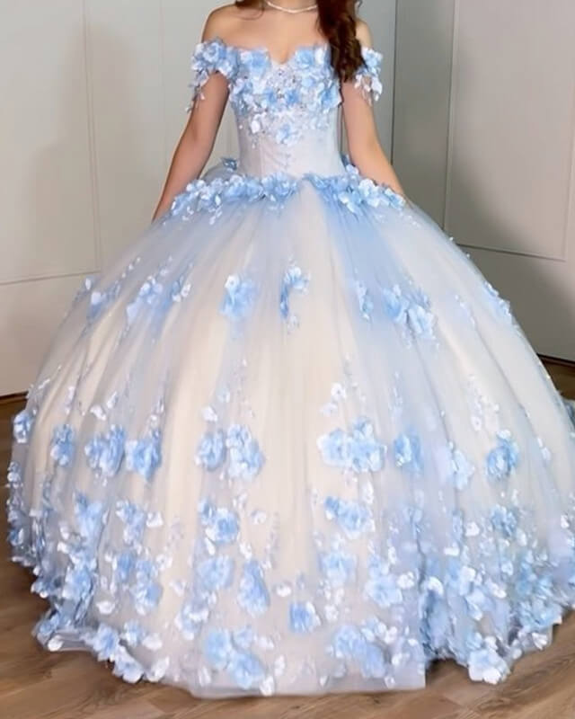 Ball Gown Tulle Off The Shoulder Quinceanera Dresses With Blue Flowers Lisposa Ball Gown Tulle Off The Shoulder Quinceanera Dresses With Blue Flowers Lisposa