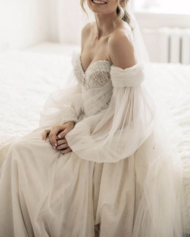 Tulle Boho Country Wedding Dress With Sleeves – Lisposa Tulle Boho Country Wedding Dress With Sleeves – Lisposa