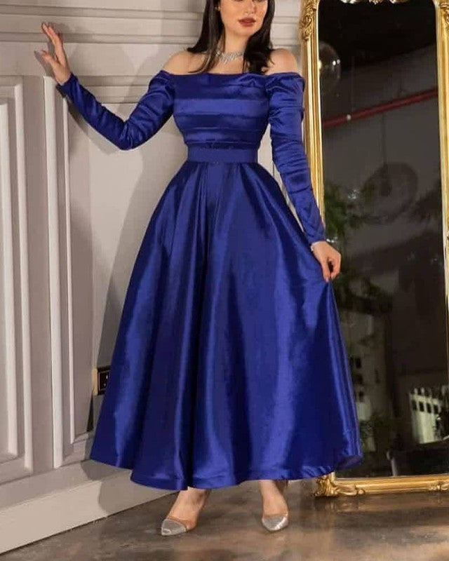 Off The Shoulder Satin Ankle Length Dresses With Sleeves Lisposa Off The Shoulder Satin Ankle Length Dresses With Sleeves Lisposa