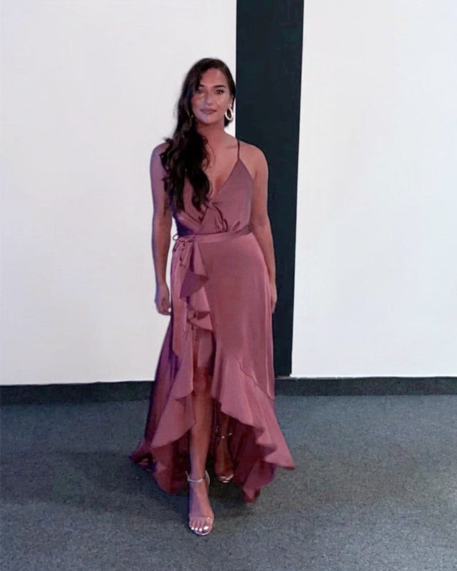 Split Ruffles V Neck Bridesmaid Dresses Spaghetti Straps