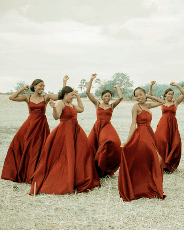 Spaghetti Straps Satin Long Split Bridesmaid Dresses