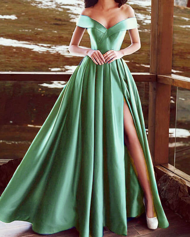 Sage Green Bridesmaid Dress Satin Off Shoulder – Lisposa