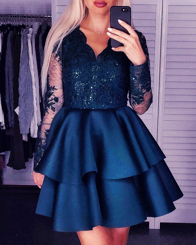 Short Satin Ruffles Dresses Lace Sleeves