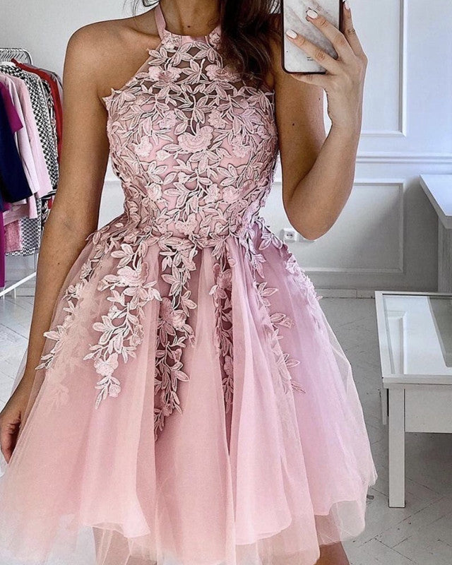 Short Prom Dresses 2022 Halter Tulle Appliques Lisposa Short Prom Dresses 2022 Halter Tulle Appliques Lisposa