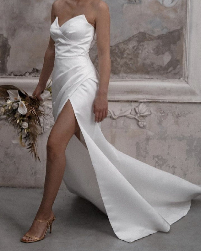 sleek wedding dresses satin Sleek Satin A-Line Wedding Dress with Enchanting Sweetheart Neckline