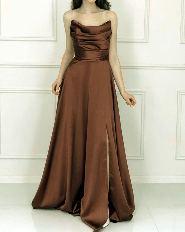 Strapless Satin Ruched Bridesmaid Dresses With Slit