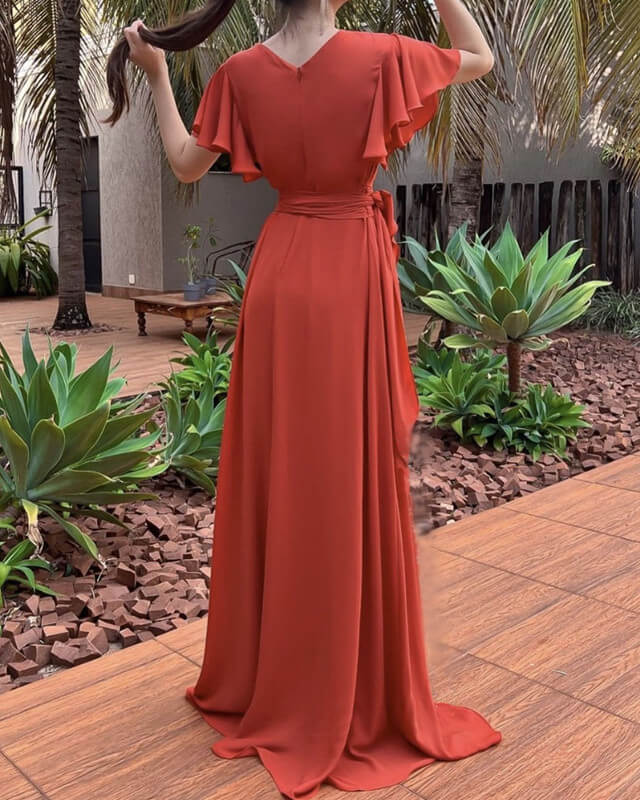 Terracotta Chiffon Bridesmaid Dresses With Sleeve