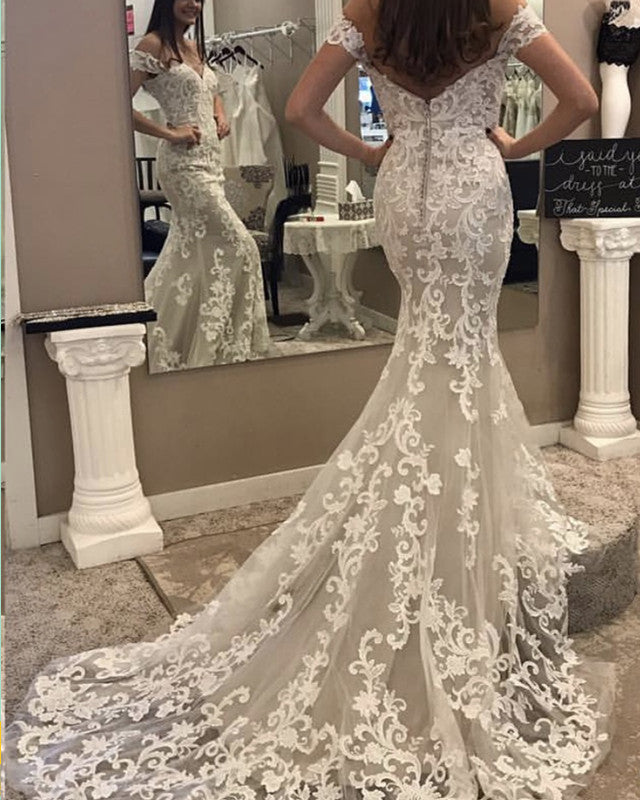 Vintage Lace Mermaid Wedding Dress Off Shoulder – Lisposa Vintage Lace Mermaid Wedding Dress Off Shoulder – Lisposa