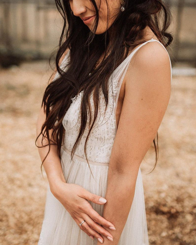 Flowy Tulle Wedding Dress V Neck Lace Appliques