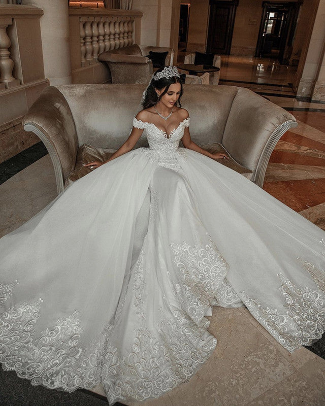 Vintage Tulle Mermaid Wedding Dress Lace Off The Shoulder – Lisposa Vintage Tulle Mermaid Wedding Dress Lace Off The Shoulder – Lisposa