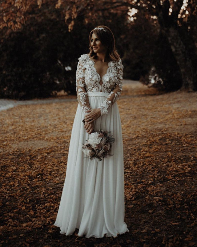 Elegant Boho Wedding Dress Lace Flowers Long Sleeves Lisposa Elegant Boho Wedding Dress Lace Flowers Long Sleeves Lisposa