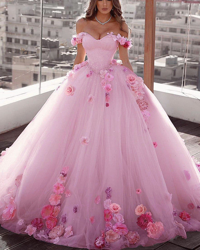 Blush Pink Wedding Dress Floral Flowers Ball Gown Off Shoulder