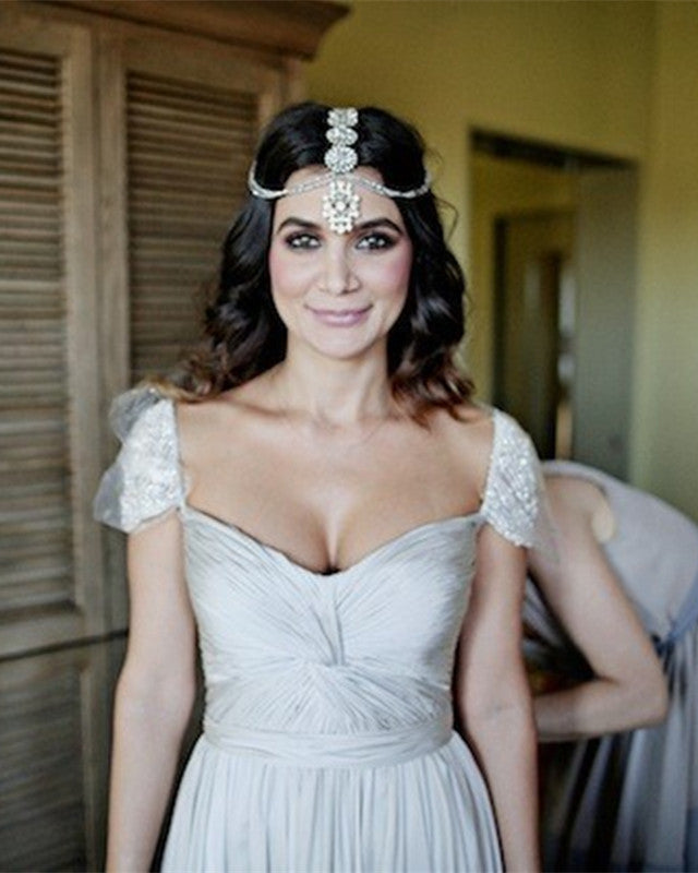 Pearl Beaded Cap Sleeves Wedding Dress Chiffon Split