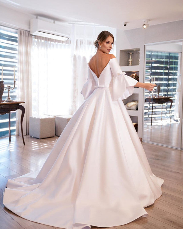 Puffy Sleeves Wedding Dress Satin Off Shoulder Lisposa Puffy Sleeves Wedding Dress Satin Off Shoulder Lisposa