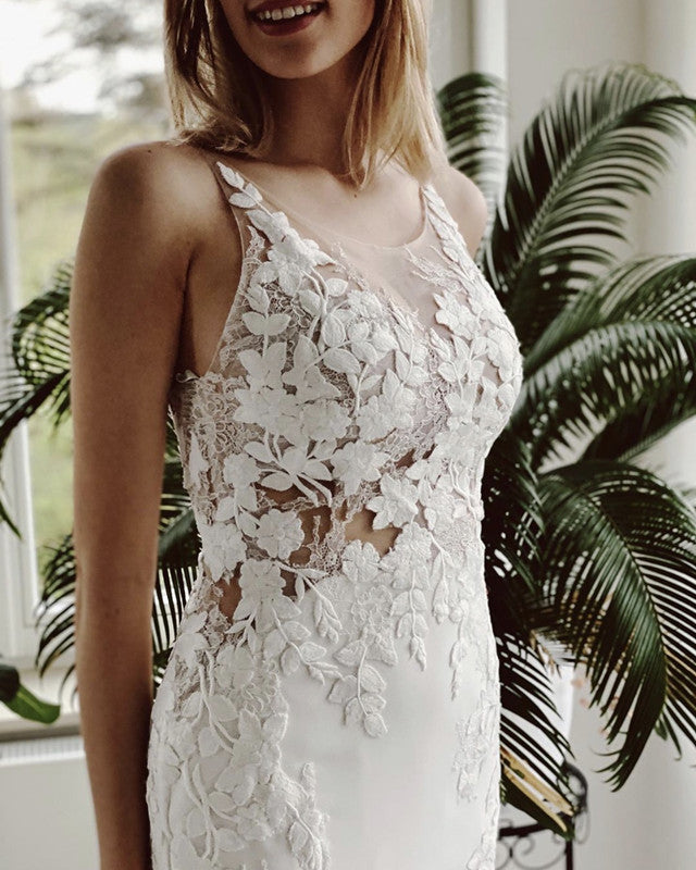 Lace Embroidery Mermaid Wedding Dress Sweep Train